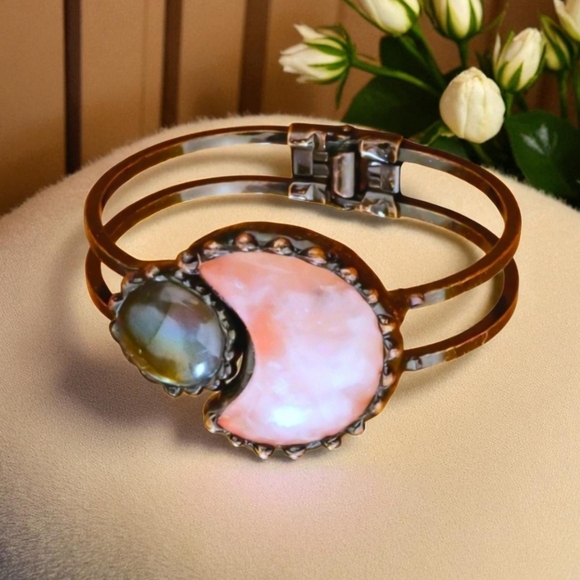 π Pink Rose Quartz & Labradorite Moon Natural Stone Bangle Cuff Bracelet πβ¨ - Picture 7 of 14